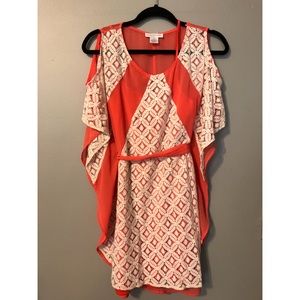 Cold shoulder, orange with white lace dress